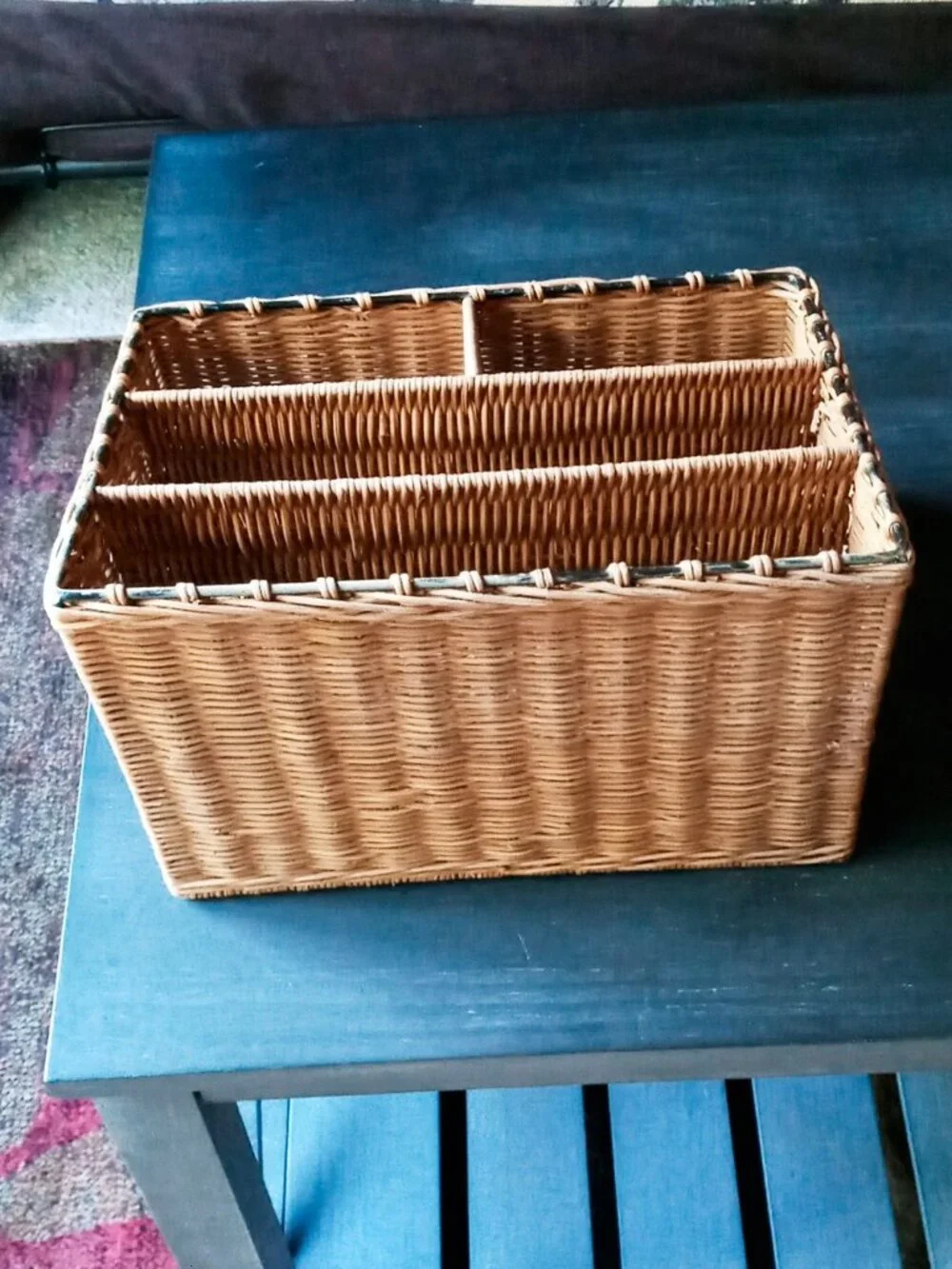 Vintage Rattan Wicker Metal 4-Compartment Desk Mail Organizer Caddy Multi-use